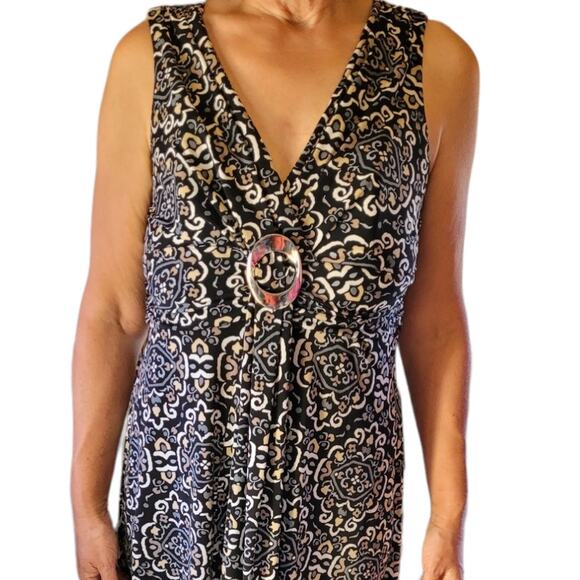 R&K Originals Black Ivory Midi Dress 10 Boho Geometric Sleeveless V Neck Modest - Picture 2 of 9
